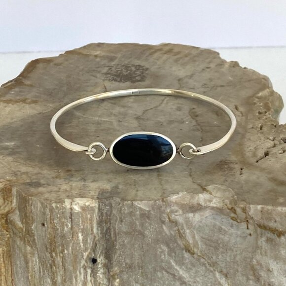 Sterling Silver Oval Black Onyx Geometric Reversible Hinged Bangle Bracelet 6.5" - Picture 11 of 16